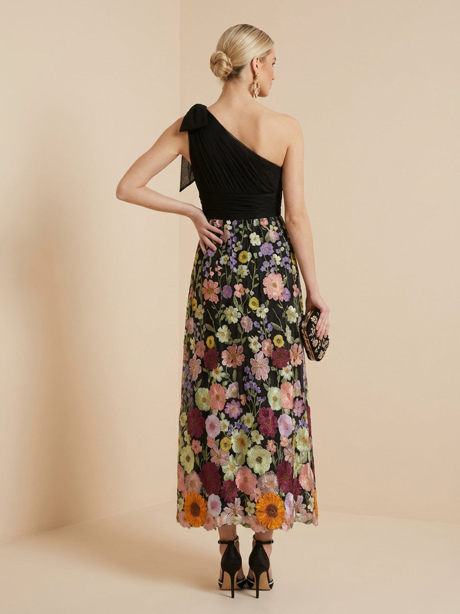 Embroidered A Line One Shoulder Tea Length Cocktail Dresses