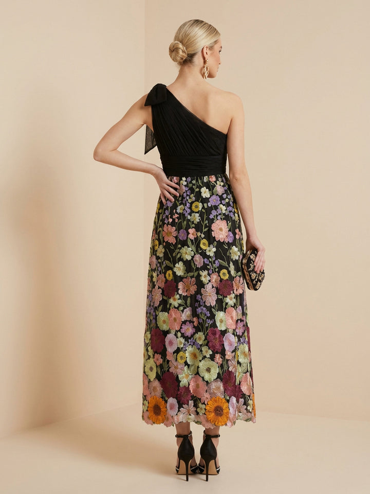 Embroidered A Line One Shoulder Tea Length Cocktail Dresses
