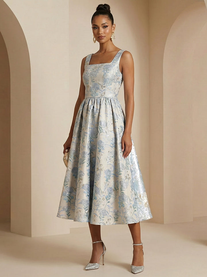 Jacquard A Line Square Neck Tea Length Cocktail Dresses