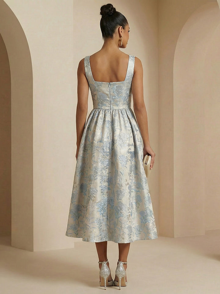 Jacquard A Line Square Neck Tea Length Cocktail Dresses