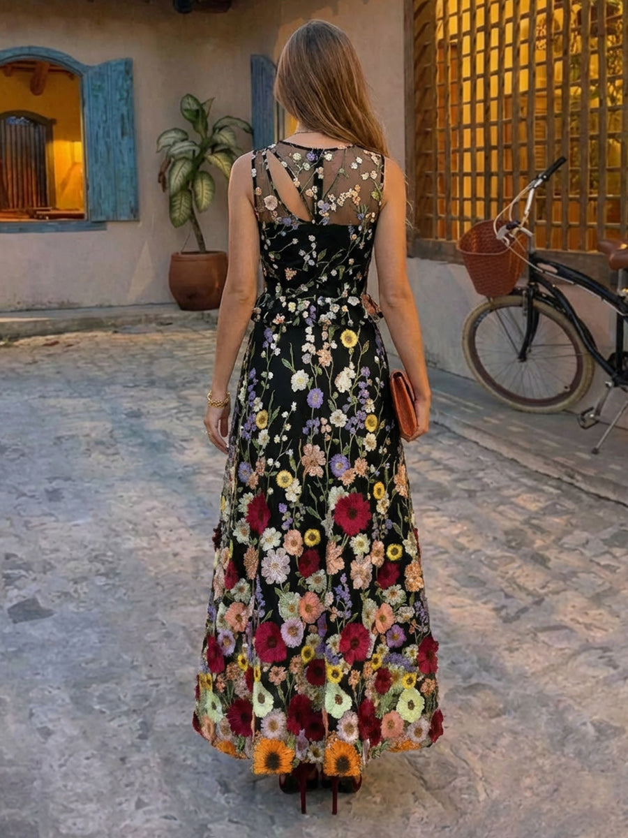 Tulle Floral Embroidered Scoop Neck Cut Out Cocktail Dresses