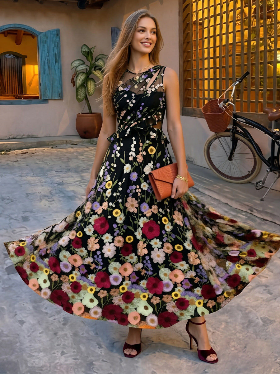 Tulle Floral Embroidered Scoop Neck Cut Out Cocktail Dresses