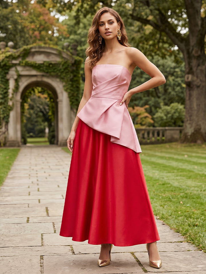 Satin A Line Strapless Ruched Pleats Cocktail Dresses