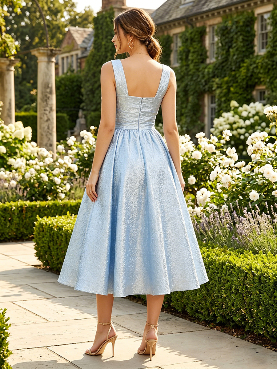 Metallic Satin A Line Square Neck Corset Pleats Cocktail Dresses