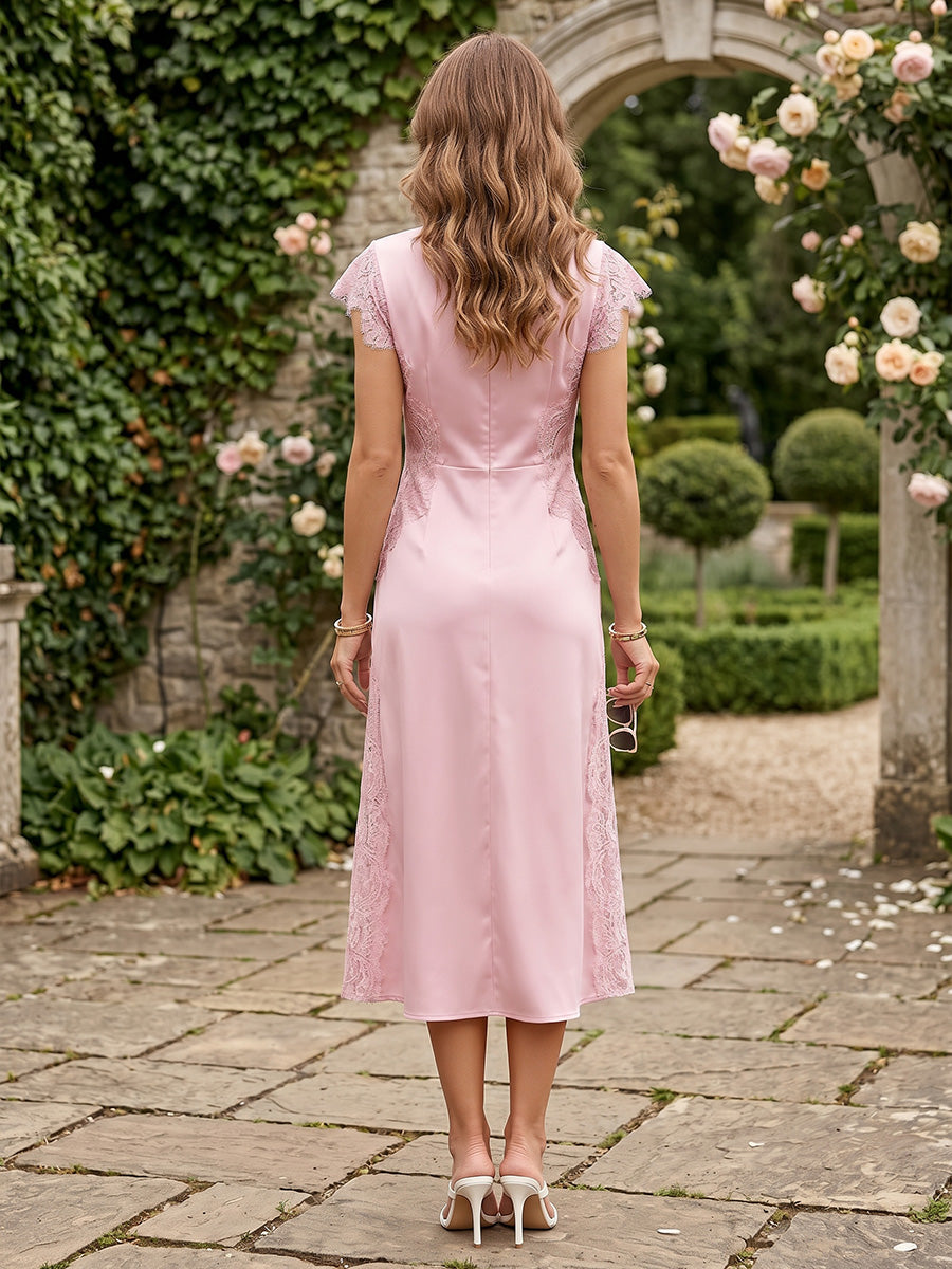 Satin A Line Scoop Neck Lace Corset Cocktail Dresses
