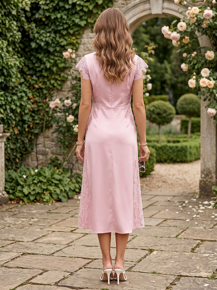 Satin A Line Scoop Neck Lace Corset Cocktail Dresses