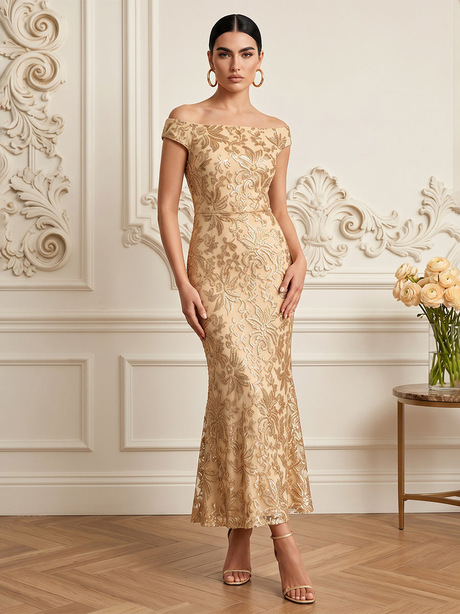 Sequin Mermaid Off the Shoulder Ankle Length Embroidery Cocktail Dresses
