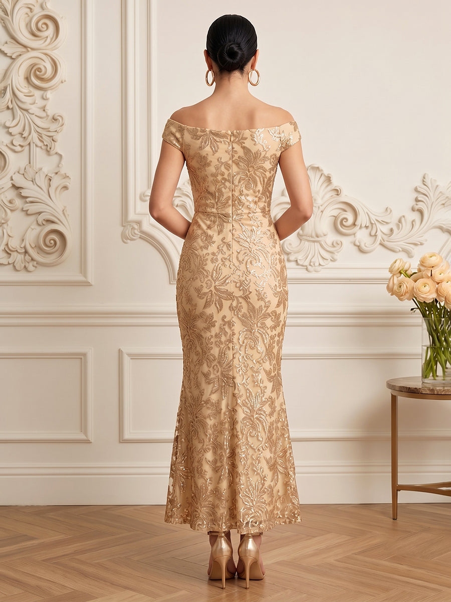 Sequin Mermaid Off the Shoulder Ankle Length Embroidery Cocktail Dresses