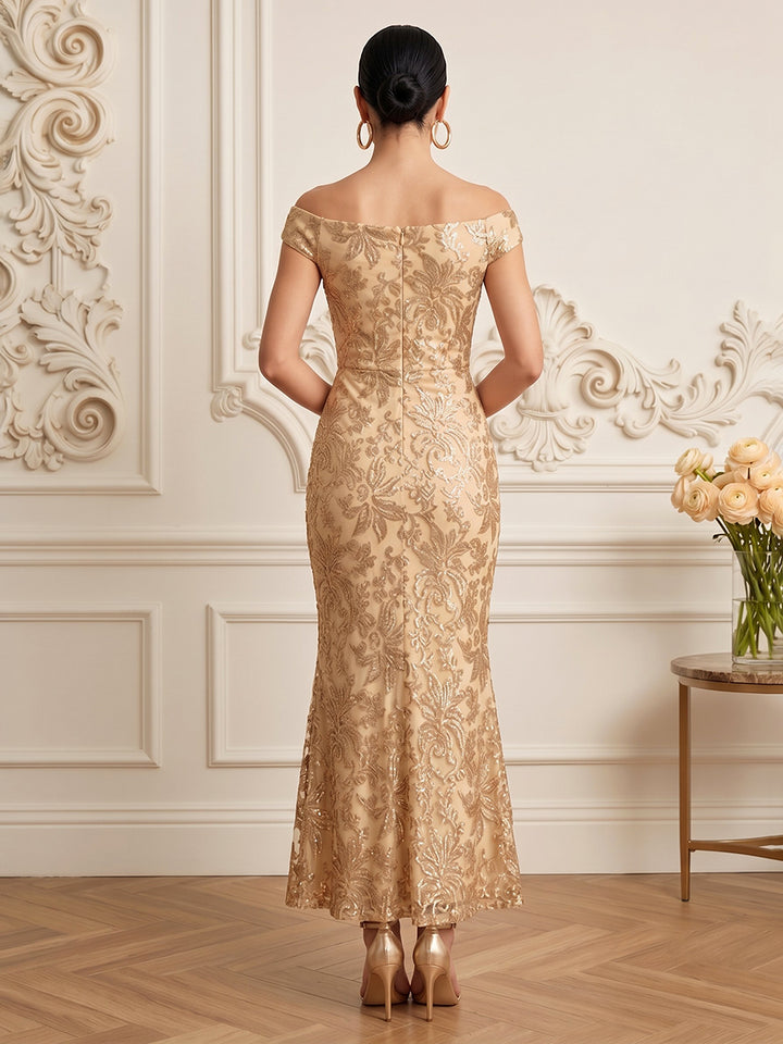 Sequin Mermaid Off the Shoulder Ankle Length Embroidery Cocktail Dresses