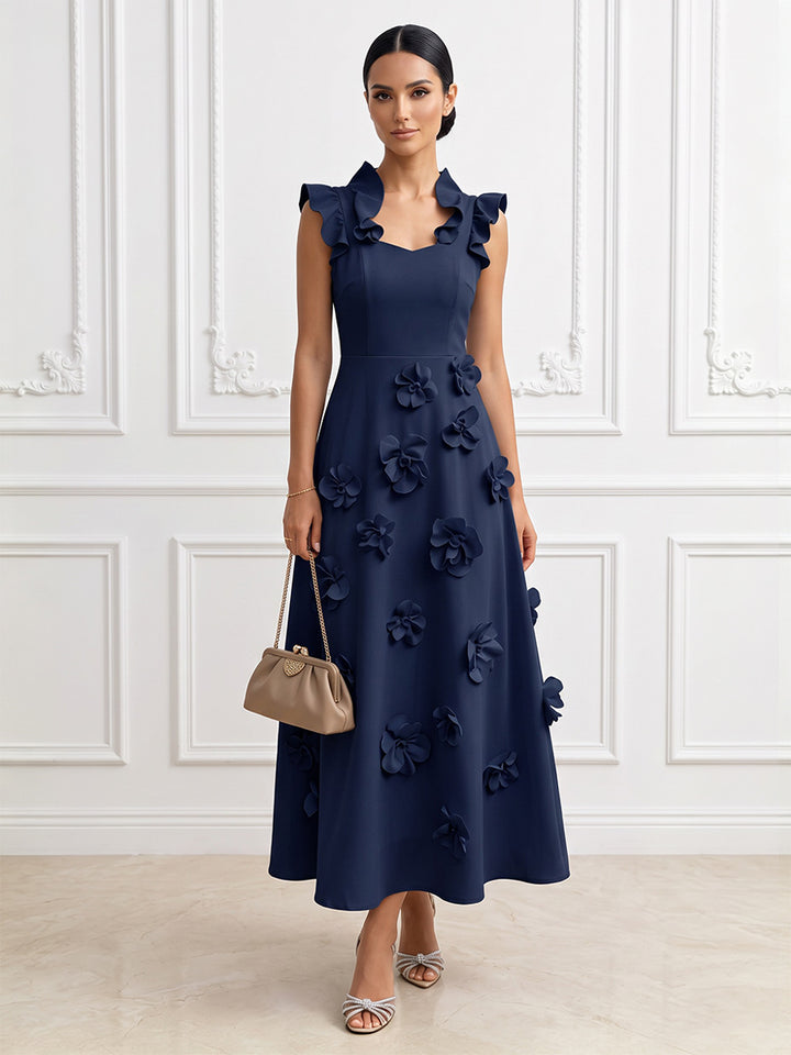 Satin A Line Scoop Neck Ankle Length Ruffles Sleeves Cocktail Dresses
