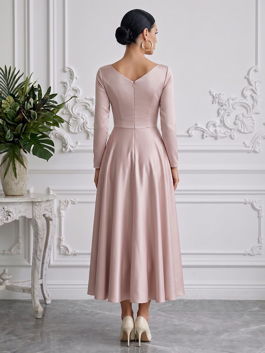 Satin A Line Jewel Neck Ankle Length with 3D Flowers Cocktail Dresses