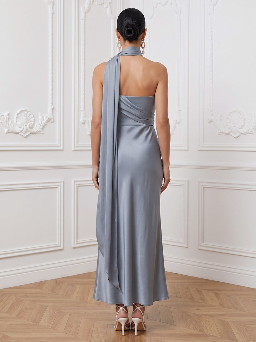 Satin Sheath One Shoulder Ankle Length Ruched Cocktail Dresses