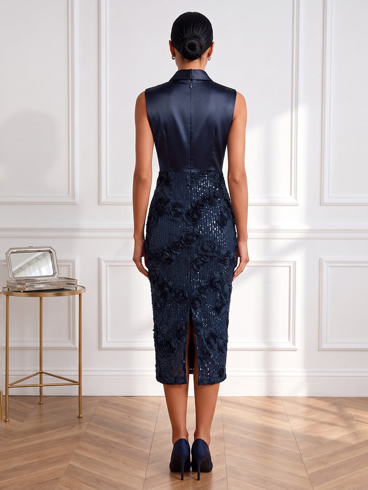 Sequin Sheath V Neck Tea Length Fitted Waist Floral Cocktail Dresses