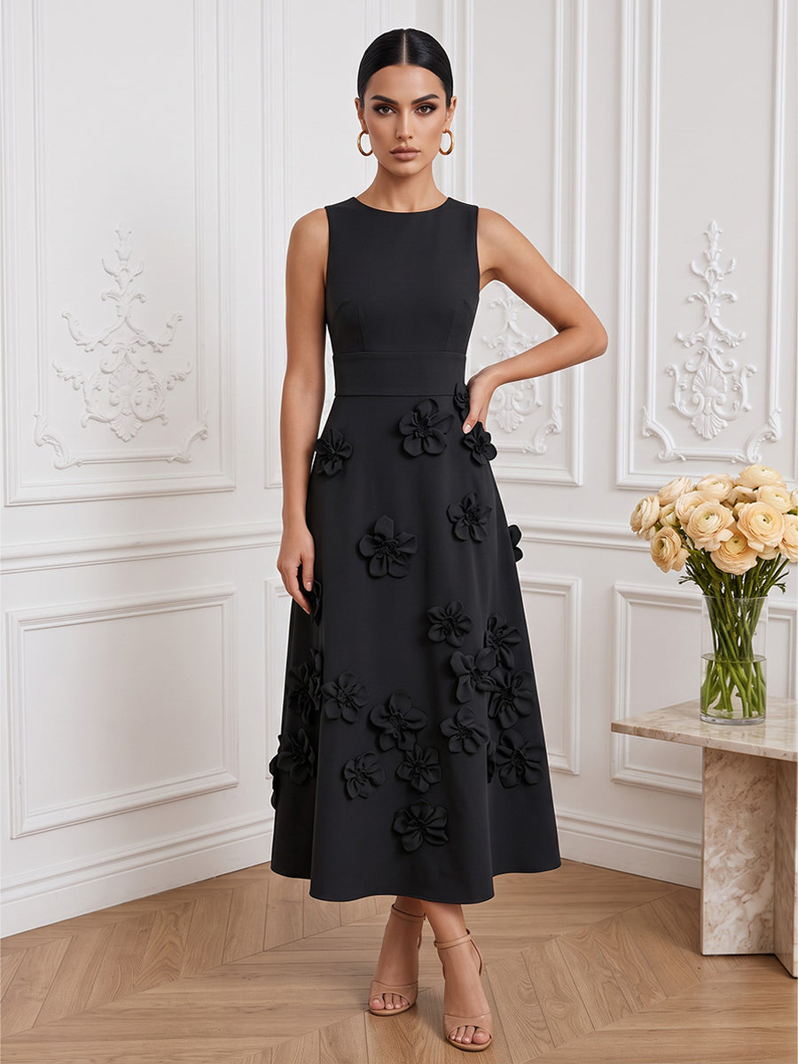 Satin A Line Round Neck Ankle Length with 3D Flowers Cocktail Dresses