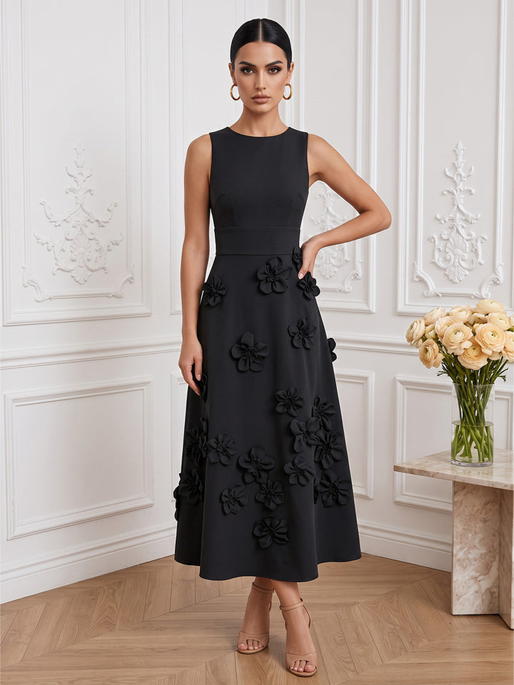 Satin A Line Round Neck Ankle Length with 3D Flowers Cocktail Dresses