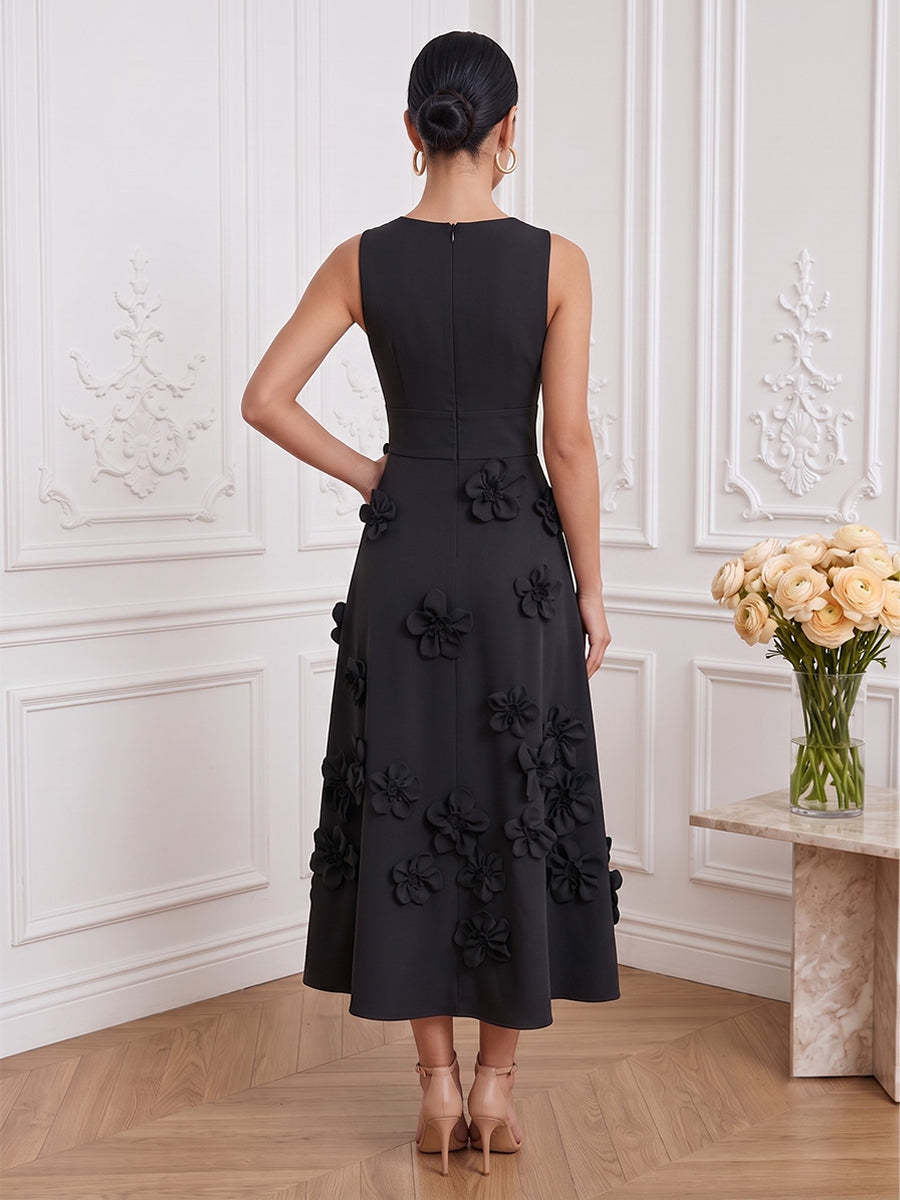 Satin A Line Round Neck Ankle Length with 3D Flowers Cocktail Dresses