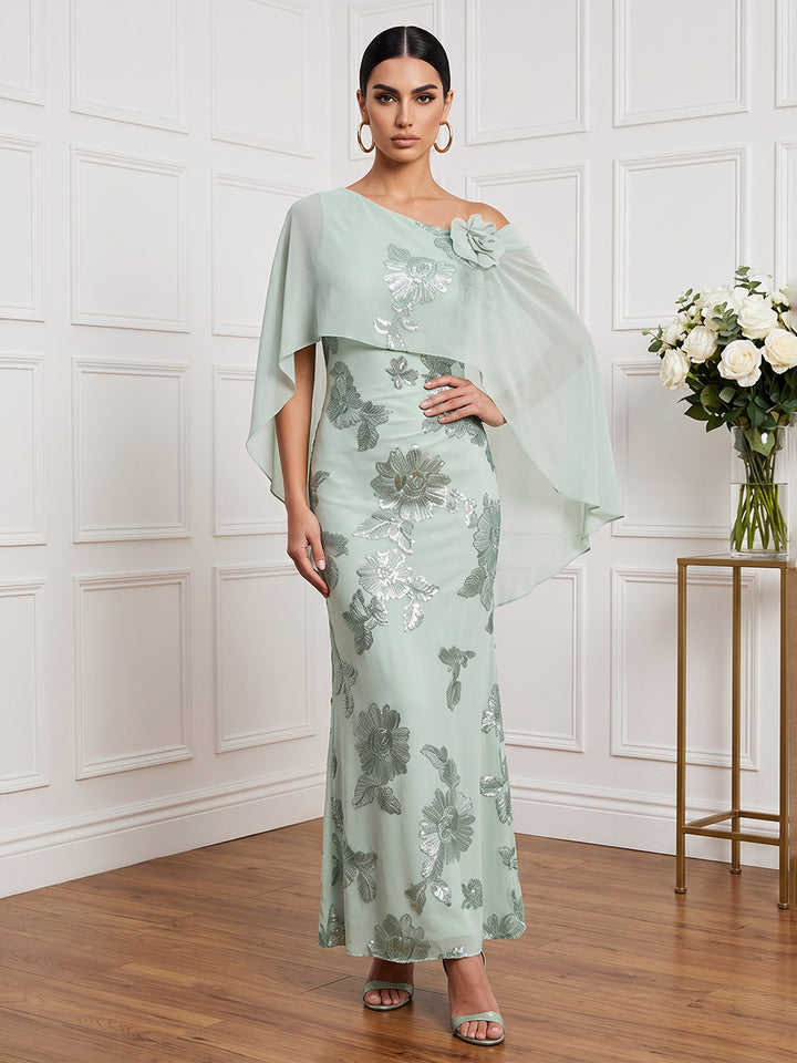 Tulle Sheath One Shoulder Ankle Length with Cape 3D Flower Accent Cocktail Dresses