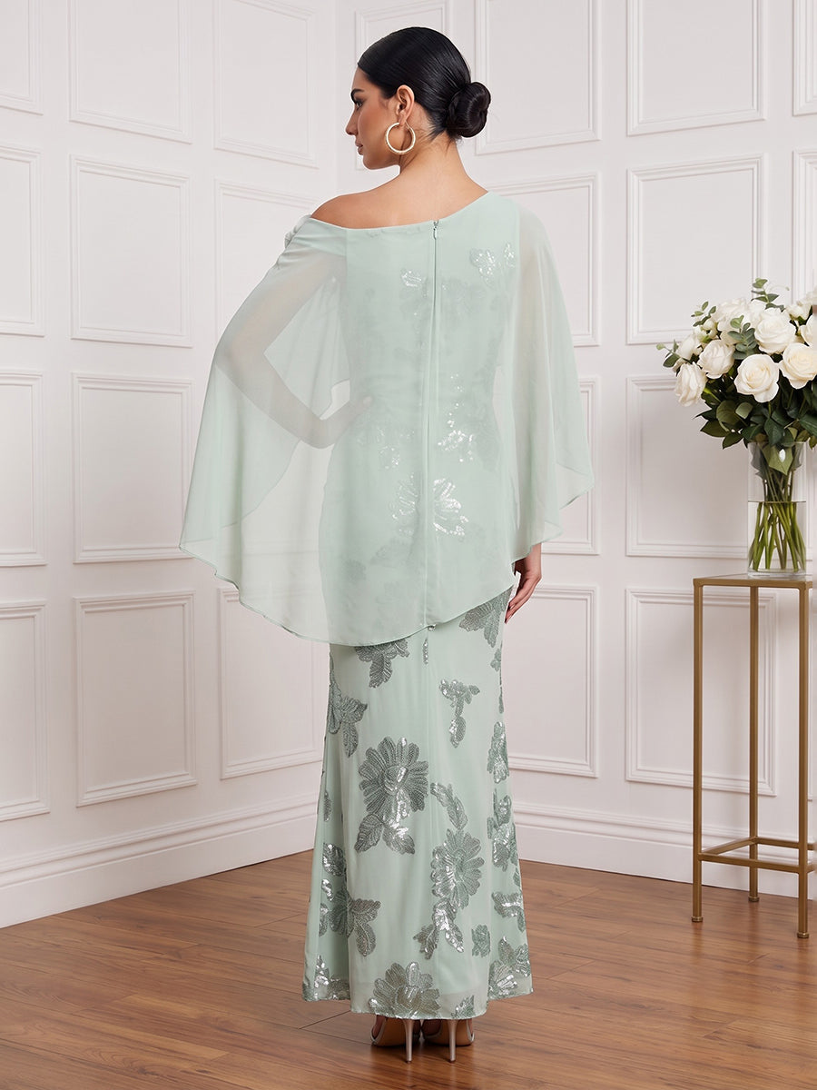 Tulle Sheath One Shoulder Ankle Length with Cape 3D Flower Accent Cocktail Dresses