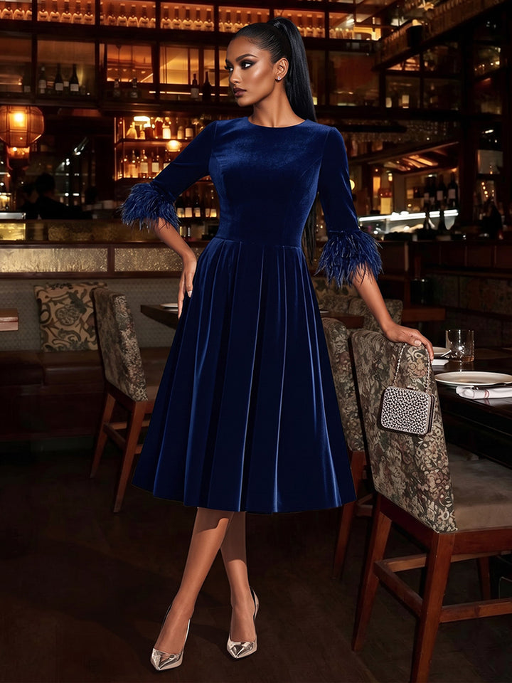Velvet A Line Round Neck Tea Length with Feather Cocktail Dresses