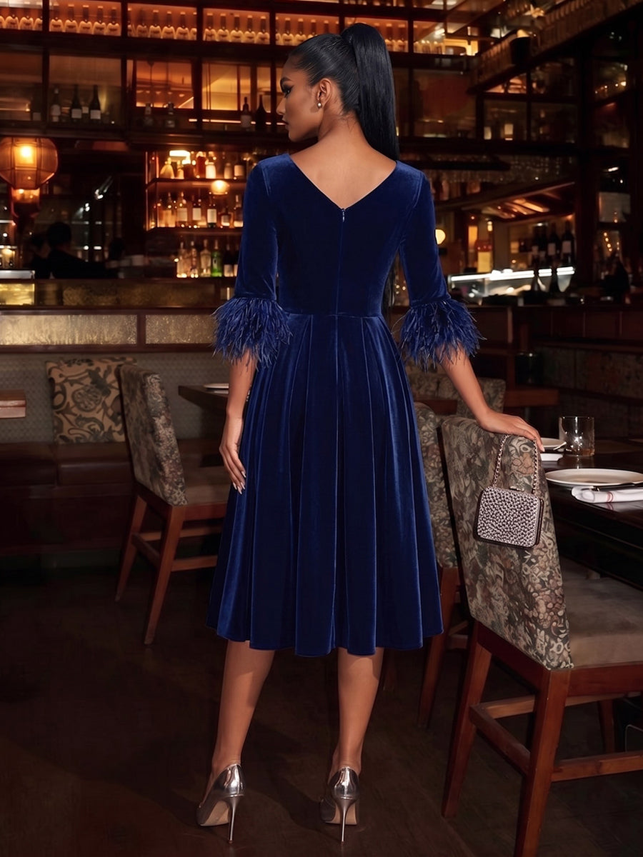 Velvet A Line Round Neck Tea Length with Feather Cocktail Dresses