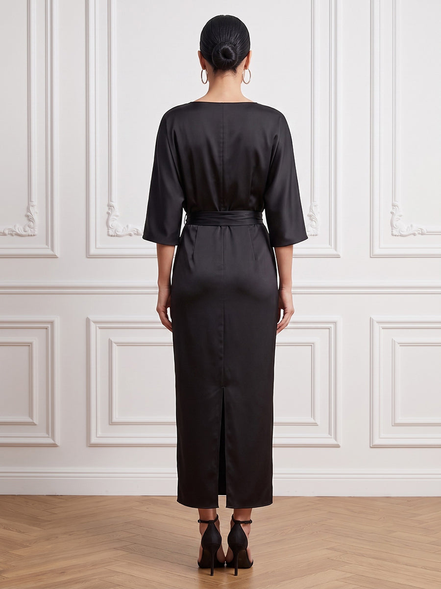 Satin Sheath Jewel Neck Ankle Length Ruched Waist Cocktail Dresses