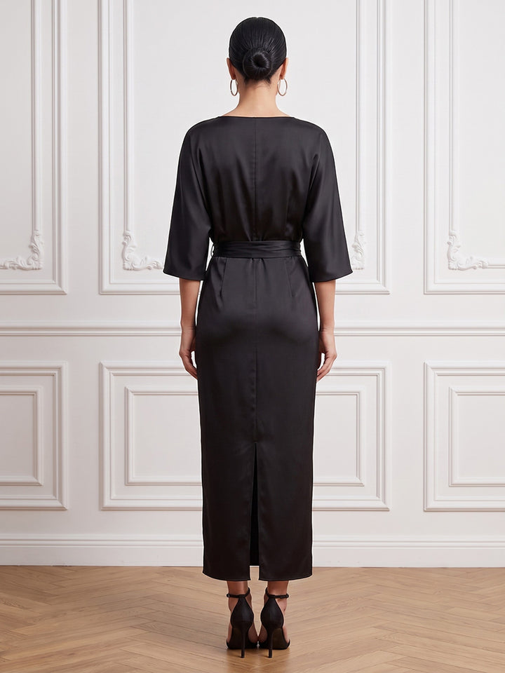 Satin Sheath Jewel Neck Ankle Length Ruched Waist Cocktail Dresses