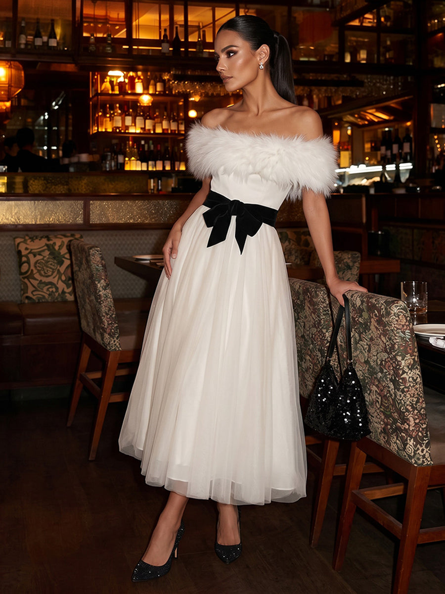 Tulle A Line Off the Shoulder Ankle Length with Feather Cocktail Dresses