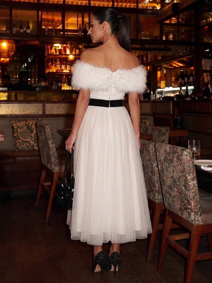 Tulle A Line Off the Shoulder Ankle Length with Feather Cocktail Dresses