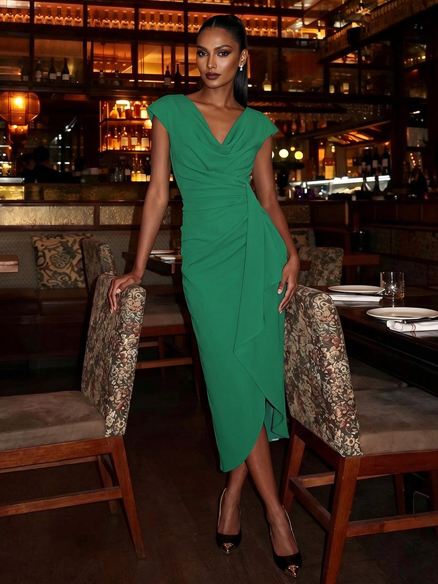 Satin Sheath V Neck Hi Lo Ruched Cocktail Dresses