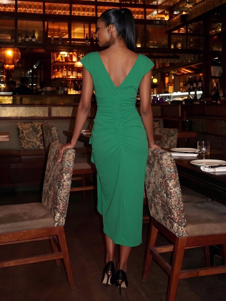 Satin Sheath V Neck Hi Lo Ruched Cocktail Dresses