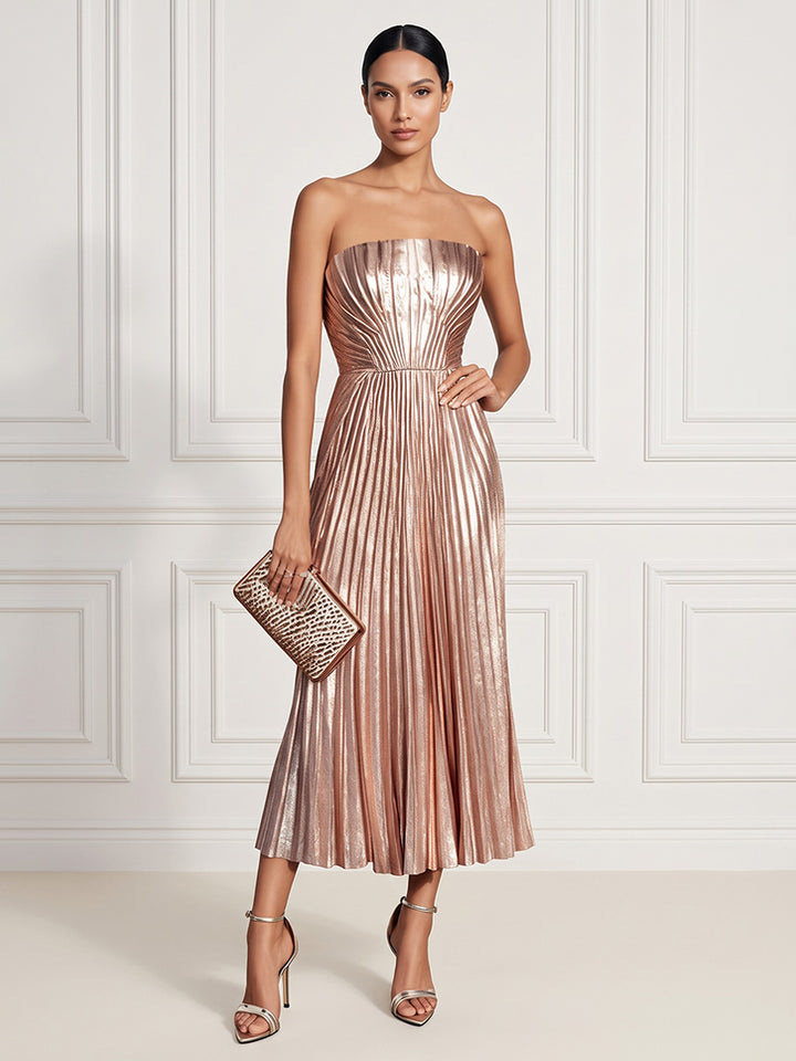 Metallic Satin A Line Strapless Tea Length Pleats Cocktail Dresses