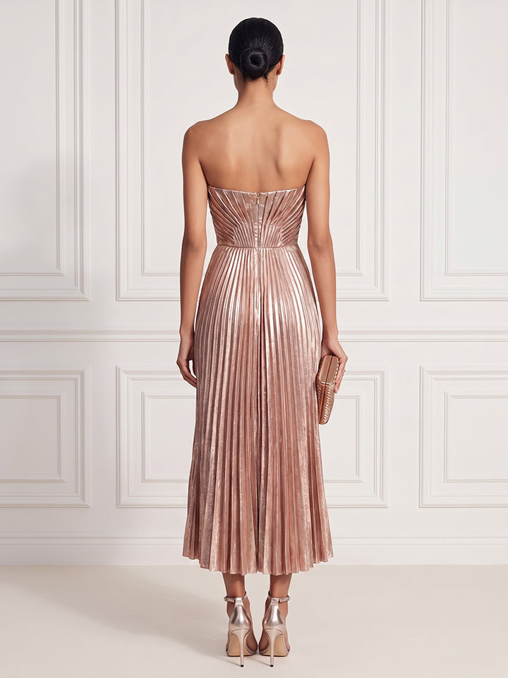 Metallic Satin A Line Strapless Tea Length Pleats Cocktail Dresses