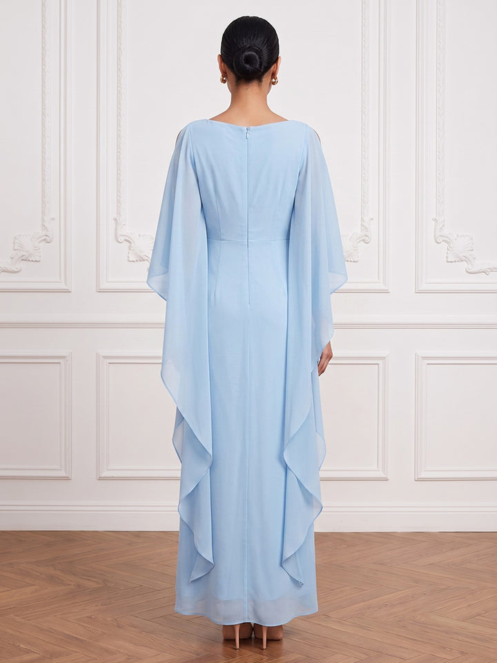Chiffon Kaftan Scoop Neck Ankle Length Cape Sleeve Cocktail Dresses