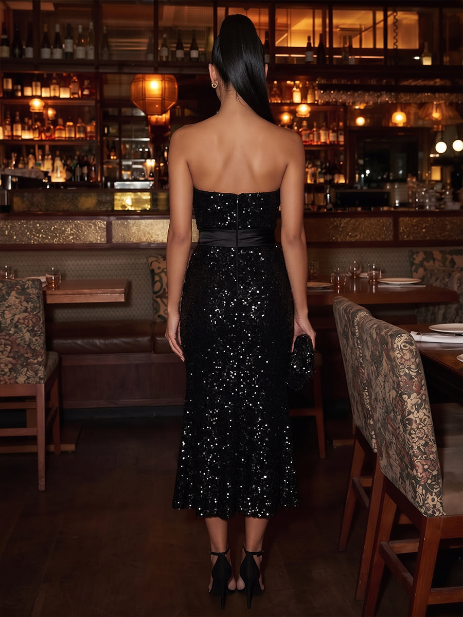 Sequin A Line Strapless Ankle Length with Bow Cocktail Dresses