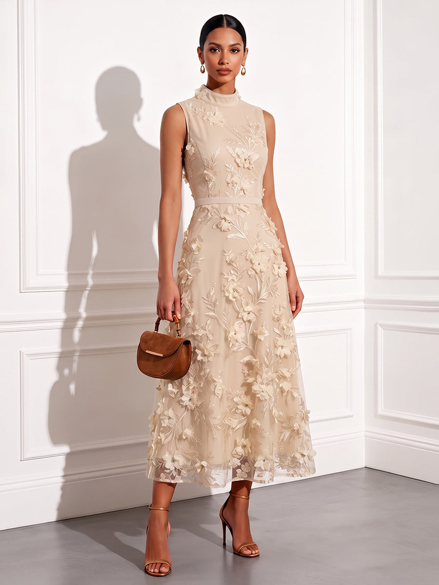 Tulle A Line High Neck Ankle Length with 3D Flowers Cocktail Dresses