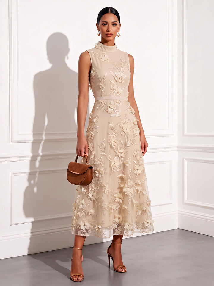Tulle A Line High Neck Ankle Length with 3D Flowers Cocktail Dresses