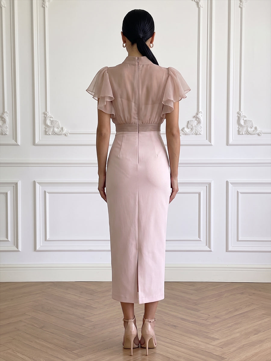 Tulle Sheath High Neck Ankle Length Ruched Cocktail Dresses