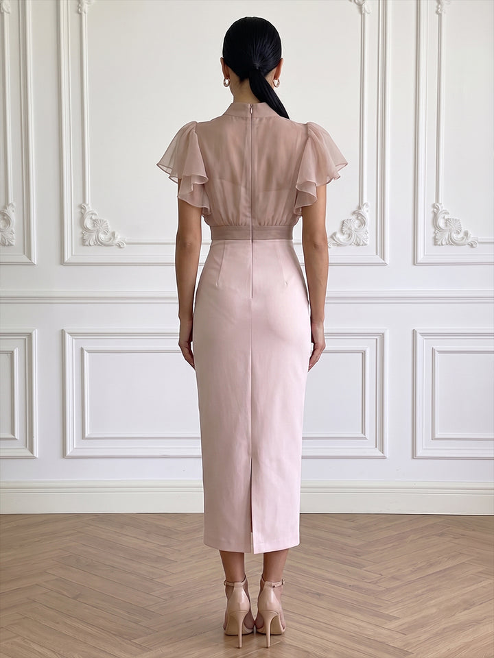 Tulle Sheath High Neck Ankle Length Ruched Cocktail Dresses