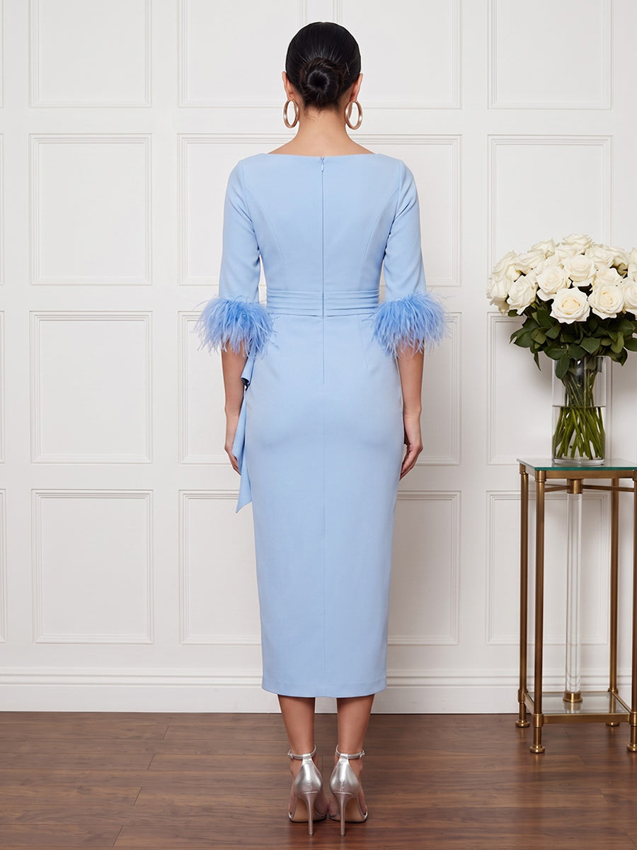 Satin Sheath Jewel Neck Tea Length with Feather Cocktail Dresses