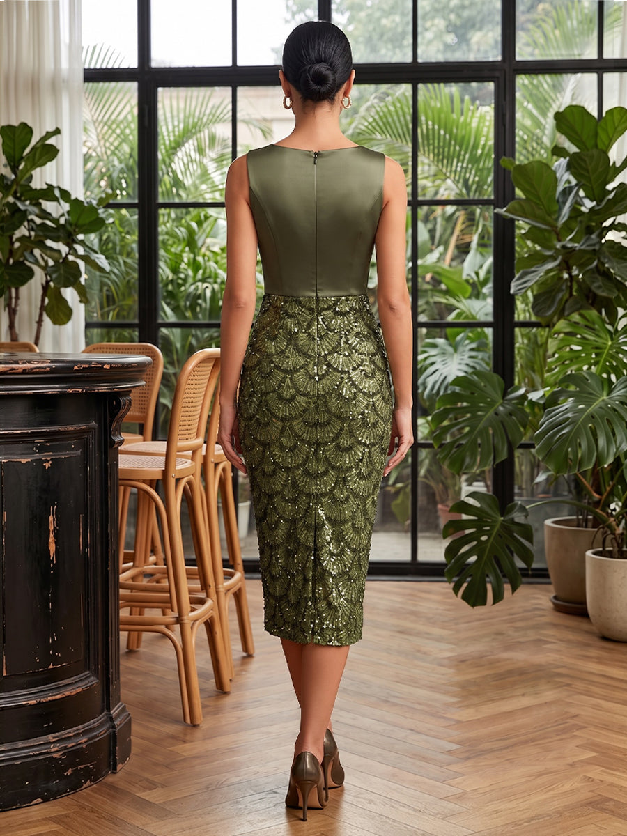 Sequin Sheath V Neck Tea Length Ruched Cocktail Dresses