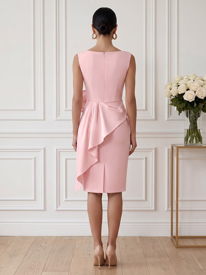 Satin Sheath Jewel Neck Knee Length Ruched Cocktail Dresses