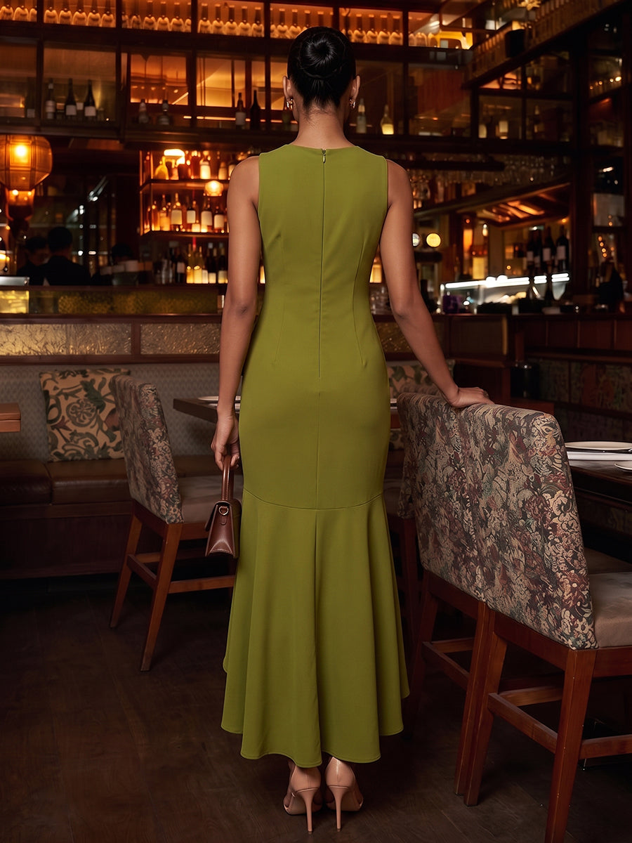 Satin Sheath Jewel Neck Hi Lo Ruffles Cocktail Dresses