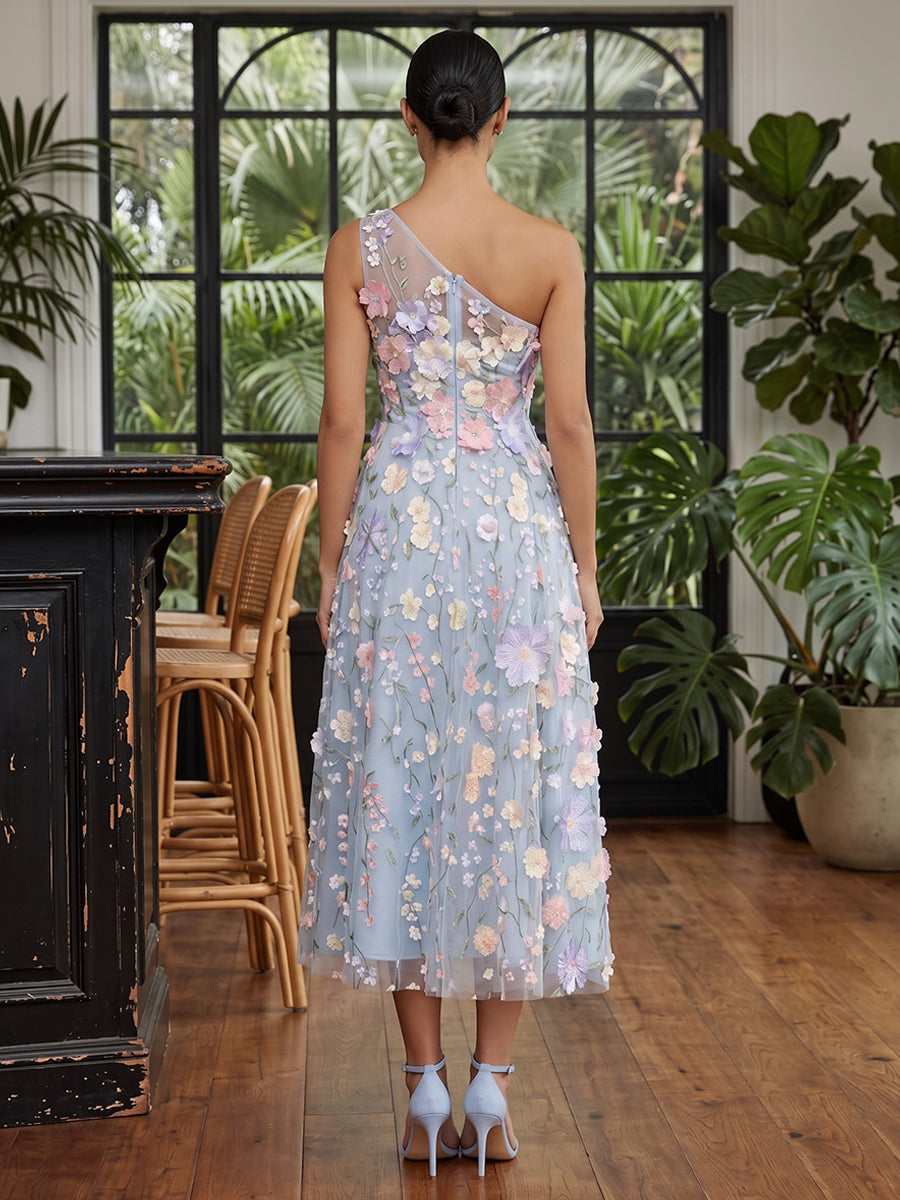 Tulle A Line One Shoulder Tea Length Floral Embroidery Cocktail Dresses
