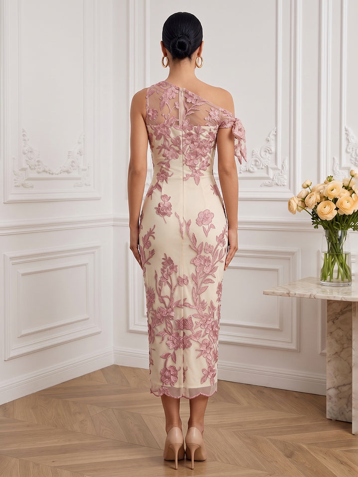 Tulle Sheath One Shoulder Ankle Length Sheer Bodice Cocktail Dresses