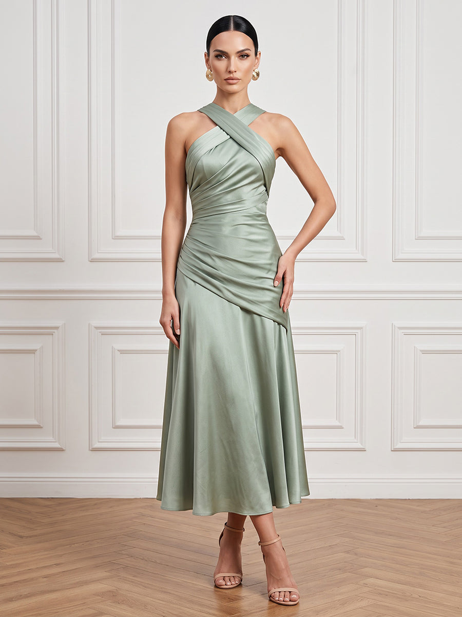 Satin A Line Criss Cross Ankle Length Ruched Cocktail Dresses