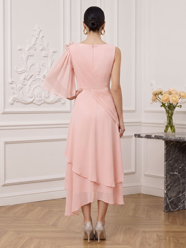 Chiffon A Line Jewel Neck Tea Length Rhinestone Cocktail Dresses