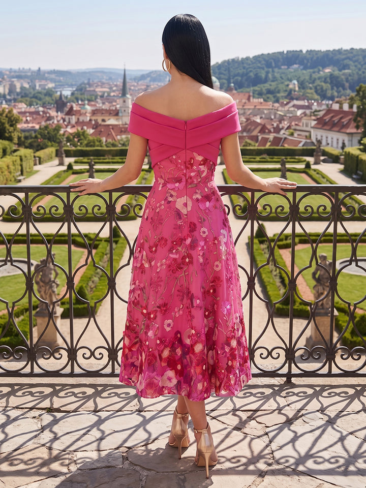 Tulle A Line Off the Shoulder Tea Length Floral Embroidery Cocktail Dresses