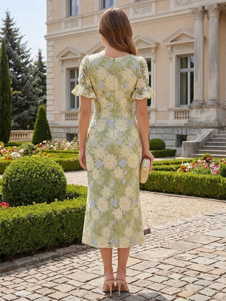 Tulle Sheath V Neck Tea Length Front Slit Cocktail Dresses