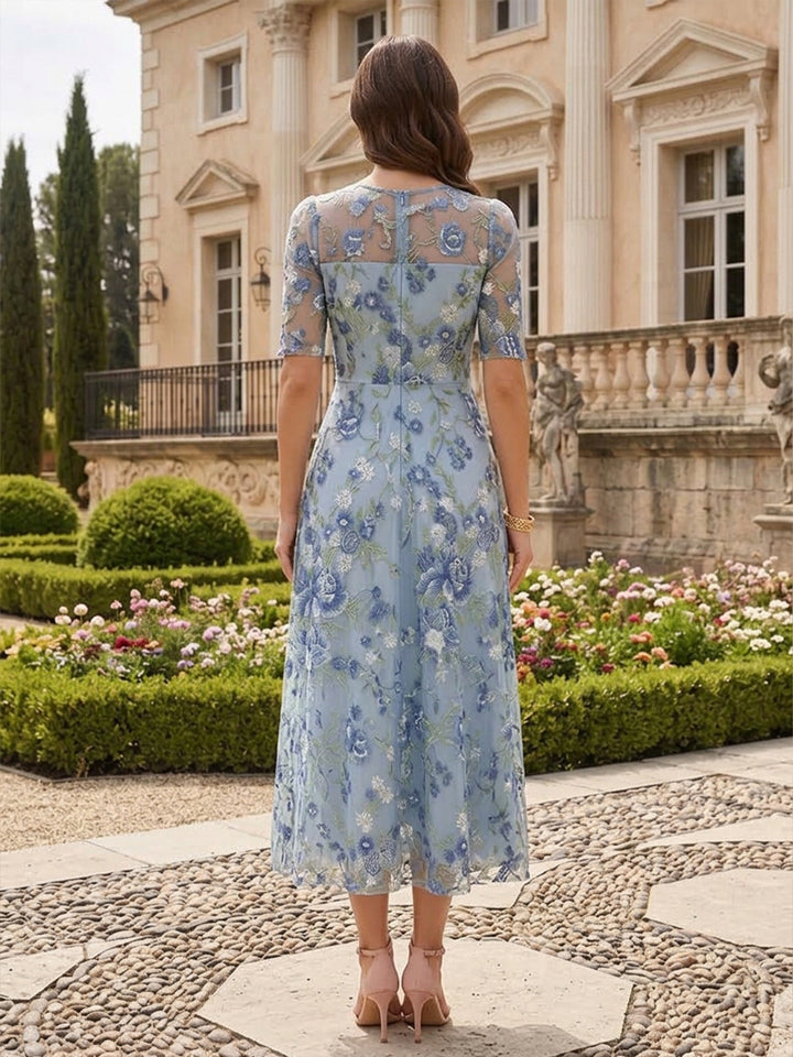 Tulle A Line Round Neck Tea Length Floral Embroidery Cocktail Dresses