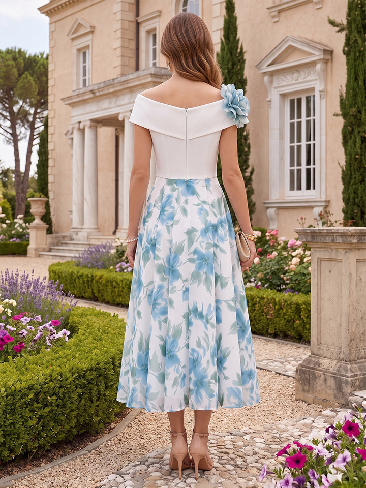 Satin A Line Off the Shoulder Tea Length Floral Print Cocktail Dresses